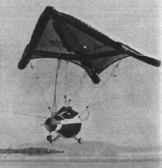 United States Gemini's Paresev glider in flight with tow cable. Gemini paraglider.JPG