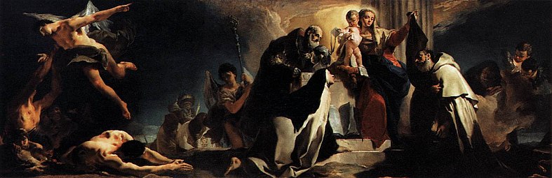 Notre-Dame du Mont-Carmel avec saint Simon Stock, sainte Thérèse d'Avila, saint Albert de Verceil. Le prophète Élie et les âmes au purgatoire, Giambattista Tiepolo, 1745, pinacothèque de Brera, Milan[24].