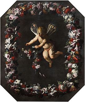 Giovanni Stanchi (attr) Putto mit Libellenflügeln im Blütenkranz.jpg