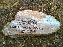 Glacial Lake Missoula high-water mark, 4,200 feet (1,280 m), near Missoula, MT Glacial lake missoula high water mark rock 4200 ft.jpg