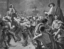 "Miner's Ball," 1891 etching by Andre Castaigne which portrays a men-only dance during the 1849 California Gold rush Gold Rush Miners' Ball.gif