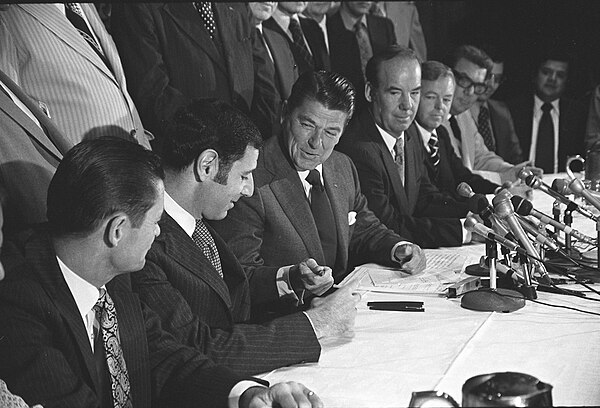 Deukmejian with Governor Ronald Reagan signing the 1973 California death penalty bill.