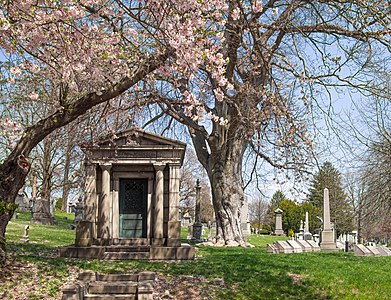 Cherry blossoms falling in front of a mausoleum at Green-Wood Cemetery in Brooklyn, New York