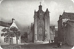 grabado en blanco y negro, mostrando un frontón de iglesia.