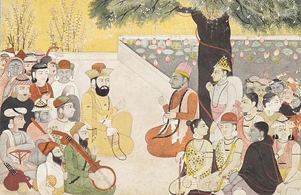 Painting of Guru Nanak with companions, Bhai Mardana and Bhai Bala, in debate with the Siddhs