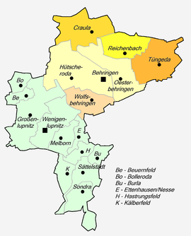 Bildung der Gemeinde Hörselberg aus Beuernfeld, Bolleroda, Großenlupnitz, Hastrungsfeld-Burla, Kälberfeld, Sättelstädt und Wenigenlupnitz (1. Januar 1996).