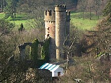 Hagley Castle is in the grounds of Hagley Hall. It was built by Sanderson Miller for George, Lord Lyttelton in the middle of the 18th century to look like a small ruined medieval castle. Hagley Castle (geograph 2291664).jpg