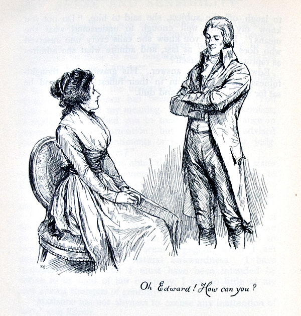 "Oh Edward! How can you?", a late-19th-century illustration from Sense and Sensibility (1811) by Jane Austen, a pioneer of the genre