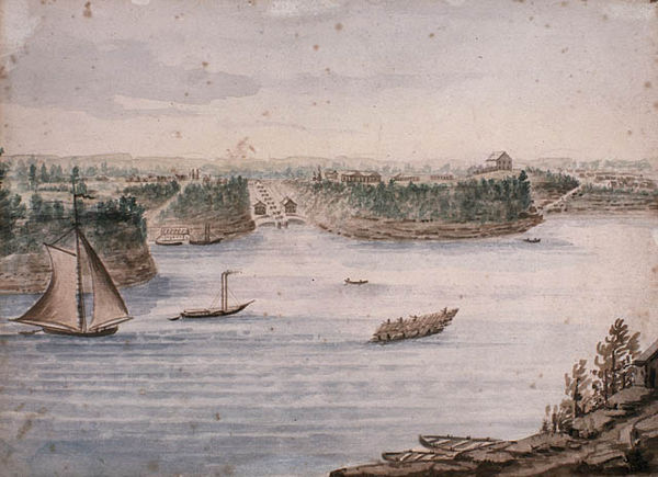 The Ottawa locks of the Rideau Canal, with Barrack Hill—present-day Parliament Hill—right of centre; 1832