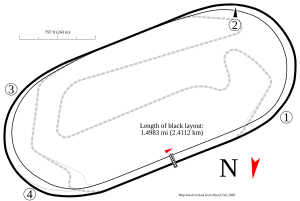 Map of Homestead-Miami Speedway. Gray dashed lines are other courses. Grey solid line is another pit road option.