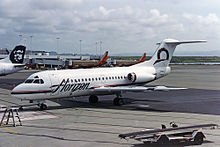 Horizon Air Fokker F28 at Oakland International Airport in 1995 Horizon Air Fokker F-28-1000 Fellowship Silagi-1.jpg