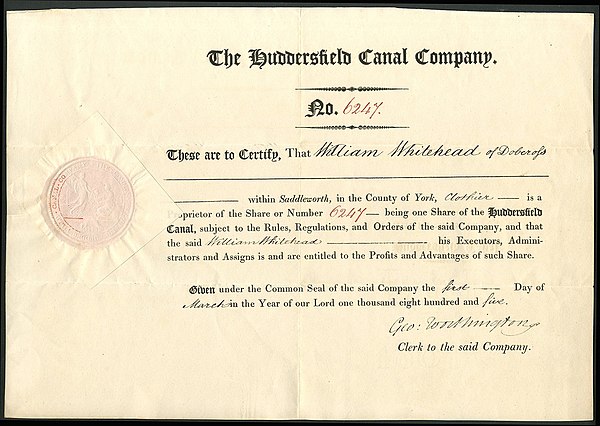 Share of the operator Huddersfield Canal Company, issued 1. March 1805