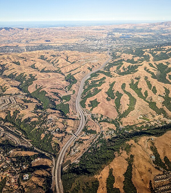 Aerial view looking east from above Castro Valley toward Dublin