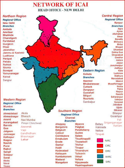 Map of India showing the jurisdictions of the five Regional Councils of ICAI