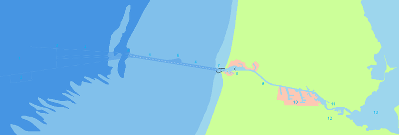 1. Aanloopgebied; 2. Ankergebied; 3. 43 km vanaf de pieren van IJmuiden: start IJgeul; 4. IJgeul; 5. 23 km vanaf de pieren van IJmuiden; 6. Draaiplaats; 7. 0 km; 8. Havens en sluizen IJmuiden; 9. Noordzeekanaal; 10. Zeehaven Amsterdam; 11. Het IJ; 12. Amsterdam; 13. IJmeer; in wit gestippeld vanaf IJmuiden: de lichtlijn