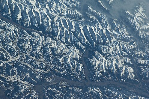 valley Zillertal from ISS, ein Blick auch auf die angrenzenden Kitzbüheler Alpen und zu den Bergen am Achensee im Norden