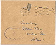 Official mail from the President of Ireland (Patrick Hillery) with the oval certifying handstamp Uactaran na hEireann used in 1979 in addition to the pre-printed harp indicia envelope Ireland-1979 President's mail.jpeg