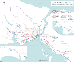 A well-composed transit map of Istanbul, with a high degree of contrast between the symbols, creating a strong visual hierarchy (transit lines are and look most important), figure-ground, and selectivity (the green national rail line can be isolated when necessary). Also note the harmonizing subdued tones of green and blue in the background. Istanbul Railway Systems Network Map.svg