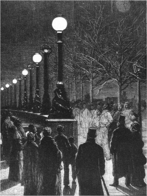 Electric light provided by Yablochkov candles in December 1878