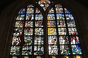 English: Detail of the stained-glass window number 15 in the Sint Janskerk at Gouda, Netherlands: "Jesus baptized by John the Baptist"