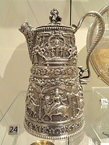 Jug with a Western shape, with Hindu scenes in repousse, c. 1890, Chennai Jug with Hindu procession, Chennai, Tamil Nadu, India, c. 1890 - Royal Ontario Museum - DSC09645.JPG