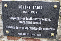 Kökény Lajos emléktáblája Pécsett az Eszperantó Parkban