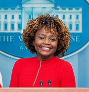 Alumna Karine Jean-Pierre was a lecturer in international and public affairs at Columbia University. Karine Jean-Pierre P20230213CS-0094 (52693620795) (cropped).jpg