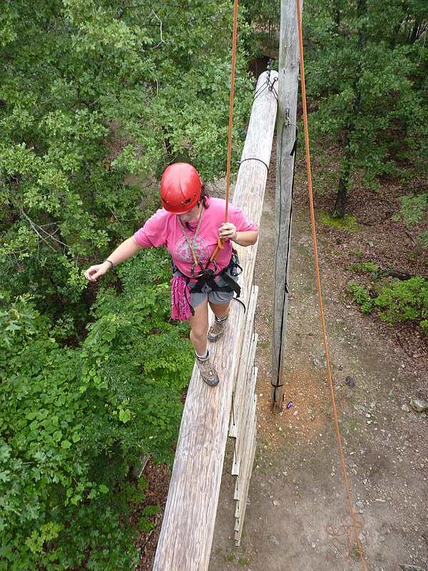 A Venturer traverses a COPE High Ropes course.