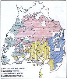 Dinkelsbühl (D) als nordöstlicher Vorposten des Schwäbischen Kreises. Rot hinterlegt ist das Württembergische Viertel.