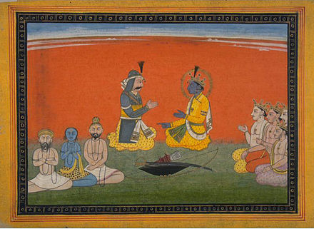 Krishna talking with Yudhishthira and his brothers, on preparation for war.