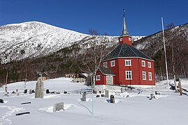 Lønset kirke-kyrkje (octagonal wooden church built 1863) in Oppdal, Trøndelag, Norway. 2019-03-19 . Snow, blue sky F.jpg