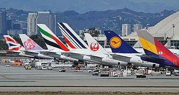 Various passenger airlines from different countries parked at Los Angeles International Airport LAX International Line-up 2.jpg