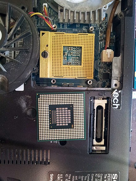 Inside of a laptop, with the CPU removed from socket