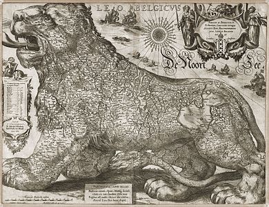 Jodocus Hondius: Leo Belgicus, 1611, in een originele zuidelijke richting