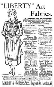 Liberty art fabrics advertisement showing a smocked dress, May 1888 Liberty art fabrics advertisement May 1888.jpg