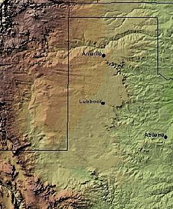 The Caprock Escarpment marking the edge of the Llano Estacado is clearly visible in this shaded relief image. The escarpment can be seen on the eastern edge of the Llano, running roughly in a north–south line through the middle of the Panhandle of Texas.