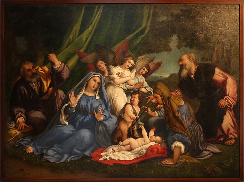 File:Lorenzo lotto, adorazione del bambino, 1540-50 ca., poi 1554-55 (loreto, tesoro della santa casa) 01.jpg