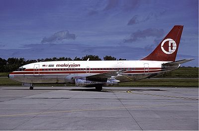 The Boeing 737-200 of the Malaysian Airline System Flight 653 is hijacked and crashes in Tanjung Kupang, Johor, killing all 100 on board. MAS Boeing 737-200 Wallner.jpg