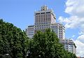 * Nomination Edificio España, Madrid -- Alvesgaspar 23:14, 5 June 2014 (UTC) * Decline Can you better work on the verticals? Verticals on the left strongly lean in, verticals on the right slightly lean out. Rotation -0.4, vertical -15 in LR leads imho to a good result. --Tuxyso 07:29, 6 June 2014 (UTC) -- Thank you Tuxyso. I did try to minimize geometric distortion. The problem is the mixture between the normal perspective distortion and the one caused by the lens. Let us see if I can do better. Alvesgaspar 09:24, 6 June 2014 (UTC) Haven't you got a lens correction profile in your RAW development tool which you can apply before other corrections are made? --Tuxyso 11:06, 6 June 2014 (UTC) --  Done -- Fixed, I think -- Alvesgaspar 09:45, 7 June 2014 (UTC)  Oppose - The crop at the top is too tight (you also have 1px outside document bounds); and the bottom crop too loose. Also the central tree isn't sharp. Mattbuck 21:35, 9 June 2014 (UTC)