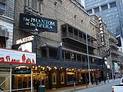 The Phantom of the Opera ran at the Majestic Theatre on Broadway from 1988 to 2023. Majestic Theatre.jpg