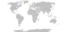 Mapa označující umístění Malawi a Velké Británie