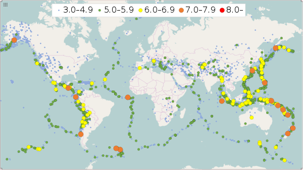 Map of earthquakes in 2016
