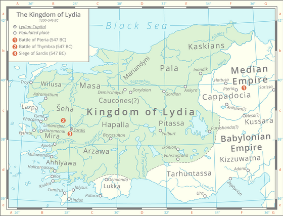 Map of the Lydian Kingdom in its final period of sovereignty under Croesus, c. 547 BC.