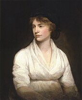 portrait en plan rapproché taille d'une femme, Mary Wollstonecraft, toute de blanc vêtue sauf un fichu noir sur les cheveux, qui regarde sur le côté.