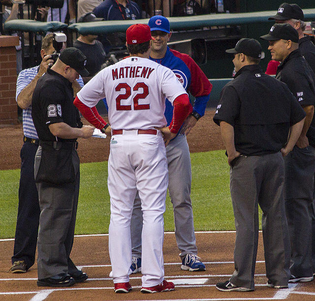 Matheny presents the Cardinals lineup card on May 12, 2014.