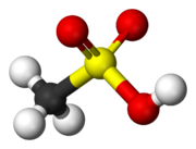 Ball-and-stick model of methanesulfonic acid. Methanesulfonic-acid-3D-balls.png