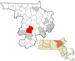 萨德伯里在米德尔塞克斯县及马萨诸塞州的位置（以红色标示）