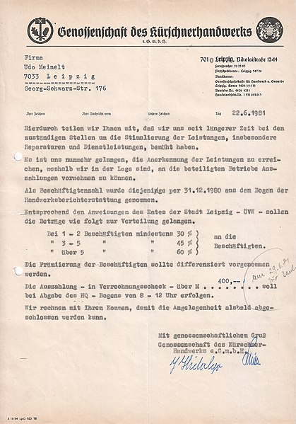 File:Mitteilung der Genossenschaft des Kürschner-Handwerks Leipzig, 1981, Prämienzahlung.jpg