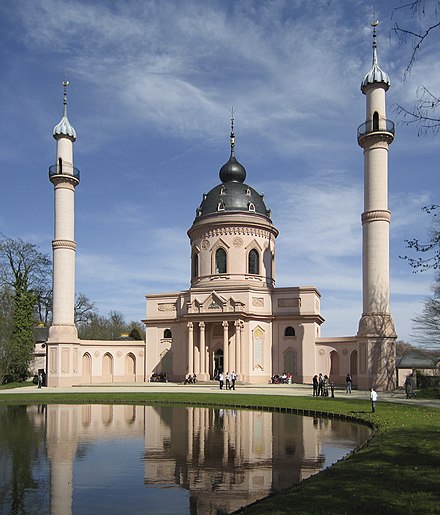 Islamic inspiration: Baroque Red Mosque in the garden of the Schwetzingen Palace, Schwetzingen, Germany, the only surviving example of an 18th-century European garden mosque, by Nicolas de Pigage, 1779–1795[28]