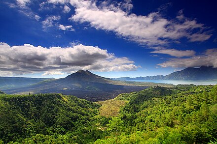 The vast Batur Caldera with Mount Batur and Lake Batur, viewed from Penelokan